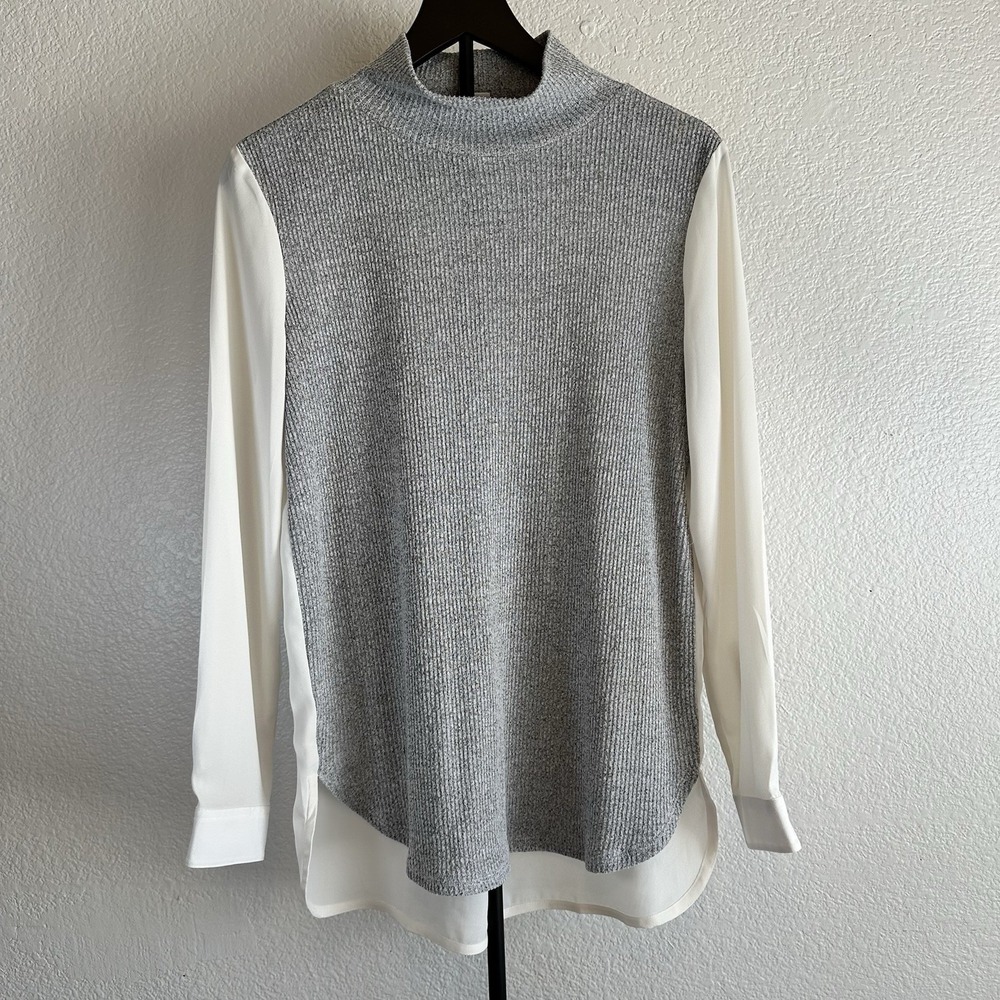 Ann Taylor Loft Long Sleeve Blouse Size Small Woven Knit Front Gray / Back White